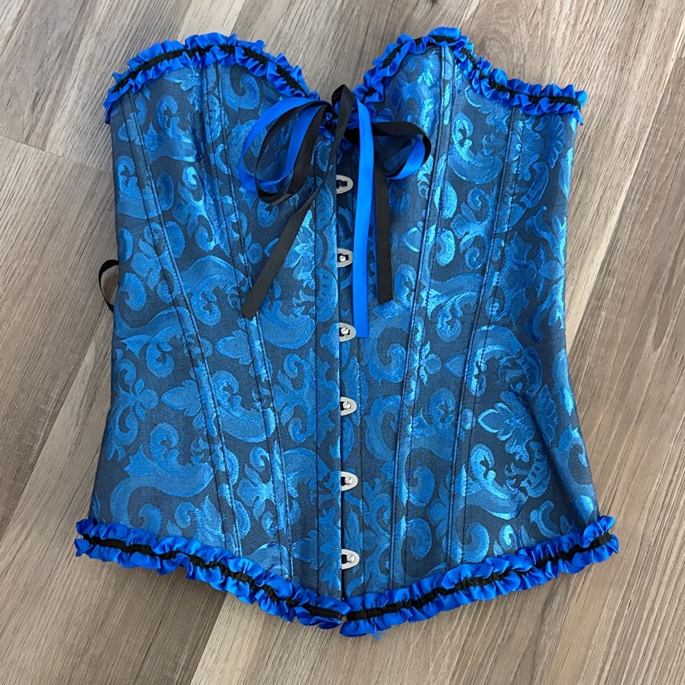 Women’s Blue Brocade Corset with Black Ribbon